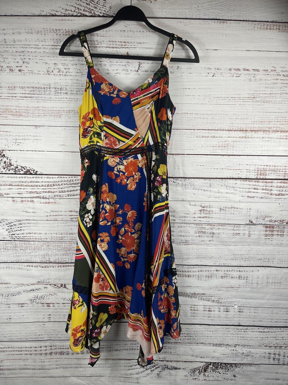 Parker Dress Women's 8 Multicolor Floral Stripe Silk Blend Midi Handkerchief Hem